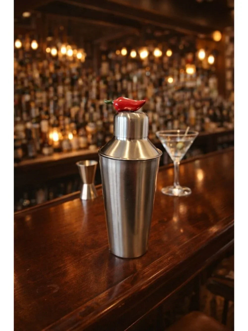 New Silver Metal Bar Cocktail Shaker Martini Shaker W/ Hot Chili Pepper On Top